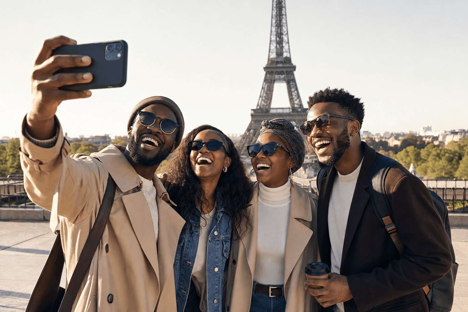 Group of African friends taking a selfie in front of the Eiffel Tower in Paris