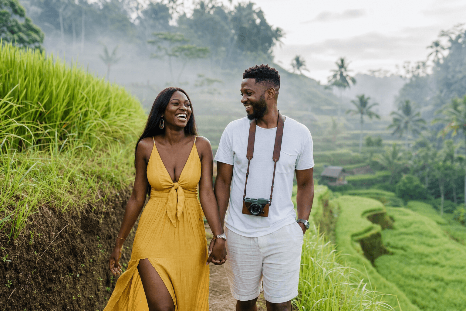 Couple enjoying a relaxed morning at a scenic resort in Bali